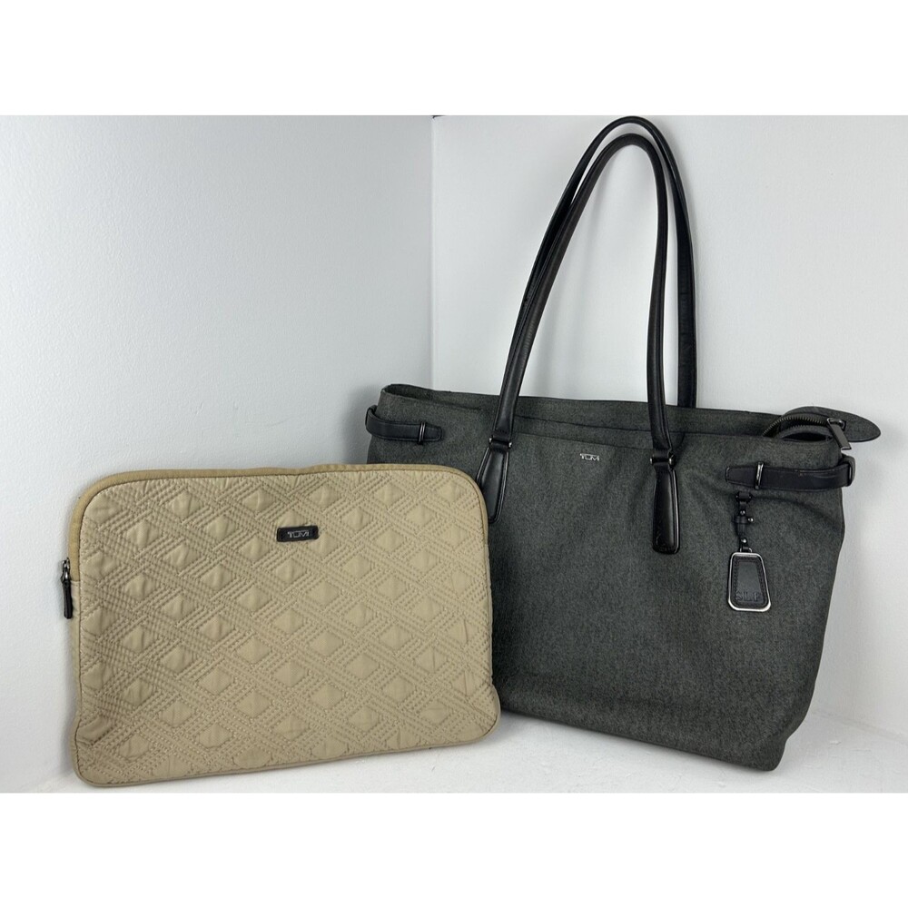 TUMI Sinclair Viera Business Tote 79386EG Gray Bag Leather Trim + Laptop Sleeve